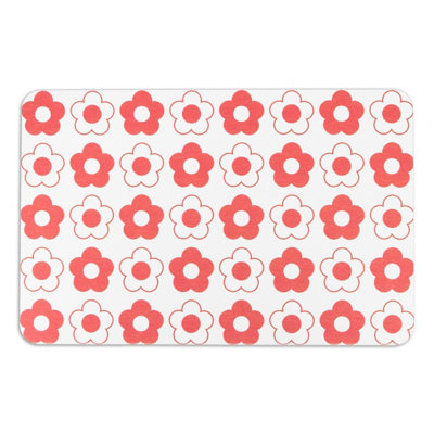 Red Flower Pattern White Stone Non Slip Bath Mat