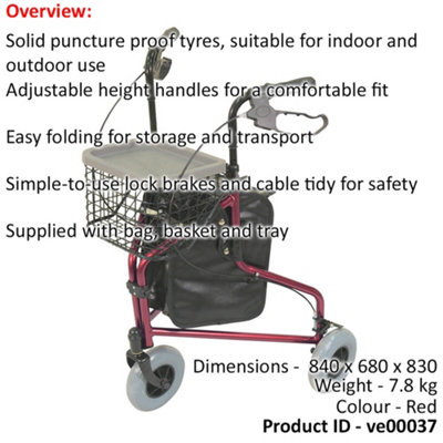 Red Foldable Aluminium Tri-Walker - Bag AND Basket Included - 132kg Weight Limit