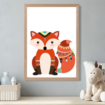 Red Fox Tribal Animal Framed Print SIZE: A3 with Oak Frame