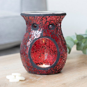 Red Glass Flared Oil, Wax Melt Burner. Mirrored Crackle Effect. H14 cm