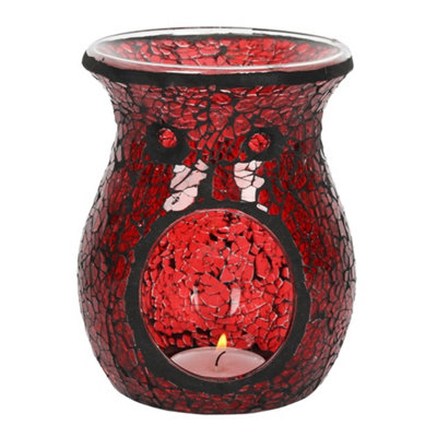 Red Glass Flared Oil, Wax Melt Burner. Mirrored Crackle Effect. H14 cm