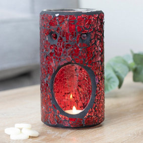 Red Glass Pillar Shaped Oil, Wax Melt Burner. Mirrored Crackle Effect. H14.5 cm