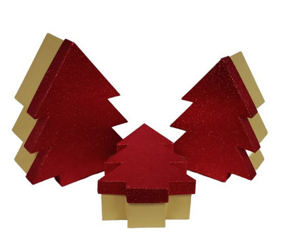 Red Glitter Christmas Tree Gift Boxes Set of 3 Nestable Gift Boxes