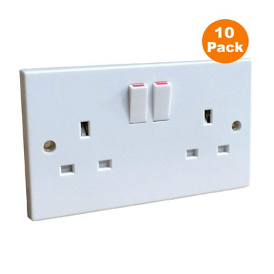 RED/GREY 10 x White Double Wall Sockets 2 Gang Square Edge Electric ...
