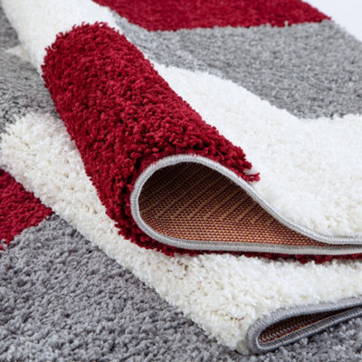 Red Grey and Ivory Soft Checkerboard Design Fluffy Shaggy Rugs and ...