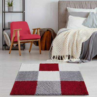 Red Grey and Ivory Soft Checkerboard Design Fluffy Shaggy Rugs and ...