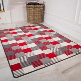 Red Grey Geometric Block Striped Non Slip Washable Kitchen Utility Mat 120x160cm