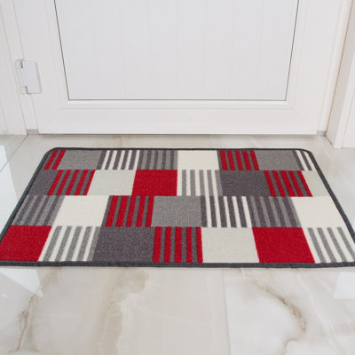 Red Grey Geometric Block Striped Non Slip Washable Kitchen Utility Mat 66x110cm