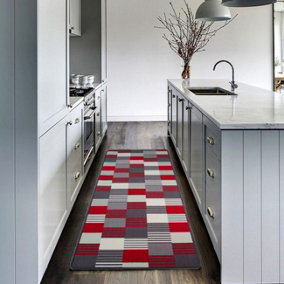 Red Grey Geometric Block Striped Non Slip Washable Kitchen Utility Mat 66x200cm