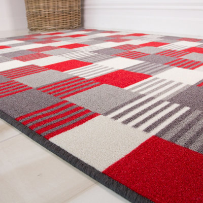 Red Grey Geometric Block Striped Non Slip Washable Kitchen Utility Mat 66x200cm