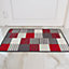 Red Grey Geometric Block Striped Non Slip Washable Kitchen Utility Mat 80x150cm