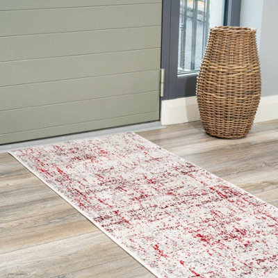 Red Grey Tweed Floral Embossed Living Runner Rug 70x240cm