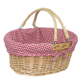 Red Hamper C020L Wicker Small Swing Handle Shopping Basket With Red and White Check