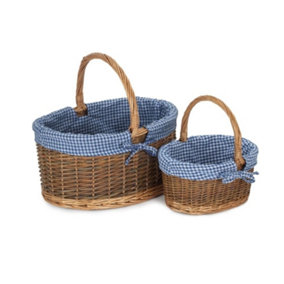 Red Hamper C082-083blue Wicker Set of 2 Blue Checked Lined Country Oval Shopping Basket