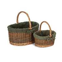 Red Hamper C082-083G Wicker Set of 2 Green Tweed Lined Country Oval Shopping Basket