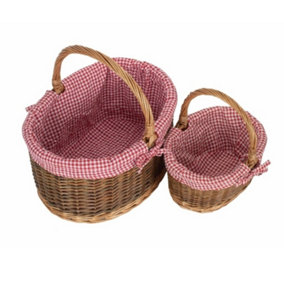 Red Hamper C082-083L Wicker Set of 2 Red Checked Lined Country Oval Shopping Basket