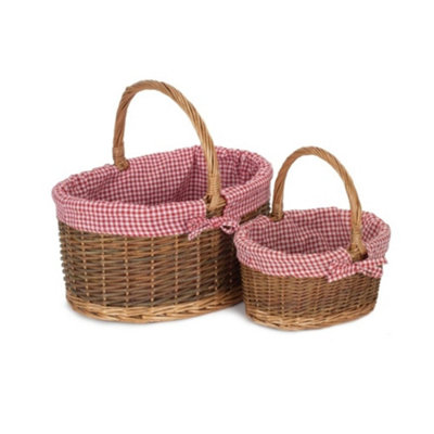 Red Hamper C082-083L Wicker Set of 2 Red Checked Lined Country Oval Shopping Basket
