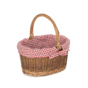 Red Hamper C082L Wicker Small Red Checked Lined Country Oval Shopping Basket