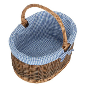 Red Hamper C083blue Wicker Large Blue Checked Lined Country Oval Shopping Basket