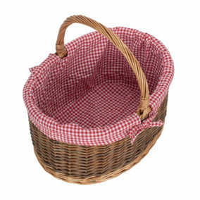 Red Hamper C083L Wicker Large Red Checked Lined Country Oval Shopping Basket