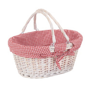 Red Hamper C104L Wicker Medium White Swing Handle Shopper with Red and White Checked Lining