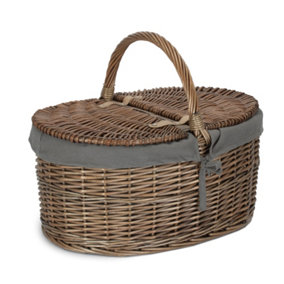Red Hamper Deep Antique Wash Oval Picnic Basket With Grey Sage Lining