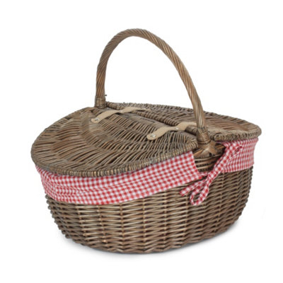 Red Hamper EH001L Wicker Antique Wash Finish Lined Oval Picnic Basket
