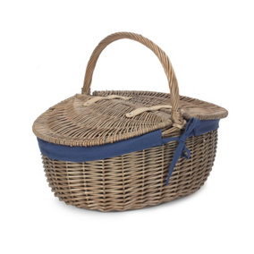 Red Hamper EH001N Wicker Antique Wash Finish Oval Picnic Basket with Blue Lining
