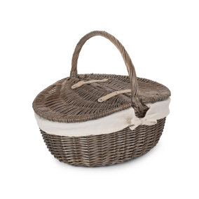 Red Hamper EH001W Wicker Antique Wash Finish Oval Picnic Basket White Lining