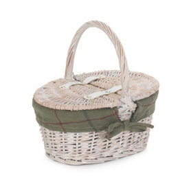 Red Hamper EH062G Wicker Childs White Wash Lidded Lined Picnic Basket with Green Tweed Lining