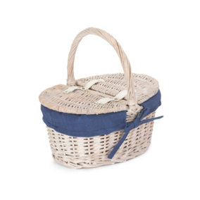 Red Hamper EH062N Wicker Childs White Wash Lidded Lined Picnic Basket with Navy Blue Lining