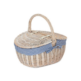 Red Hamper EH066BLUE Blue Checked Lining White Wash Finish Oval Wicker Picnic basket