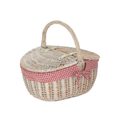 Red Hamper EH066L Red Checked Lining White Wash Finish Oval Wicker Picnic basket