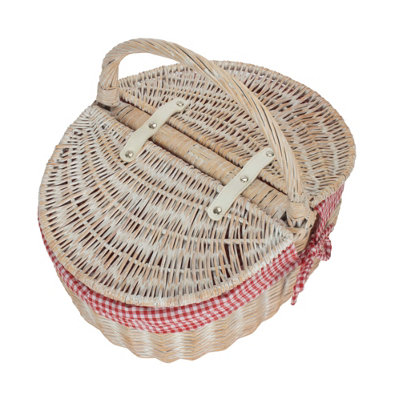 Red Hamper EH066L Red Checked Lining White Wash Finish Oval Wicker Picnic basket