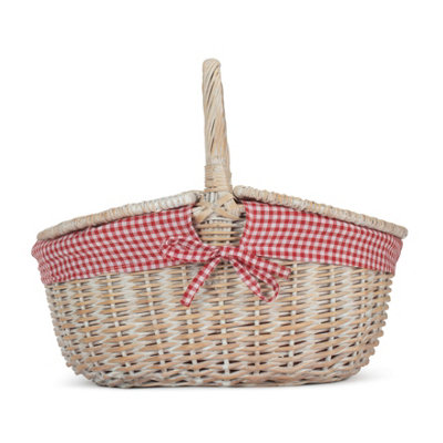 Red Hamper EH066L Red Checked Lining White Wash Finish Oval Wicker Picnic basket