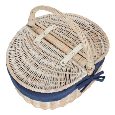 Red Hamper EH066N Blue Lining White Wash Finish Oval Wicker Picnic basket