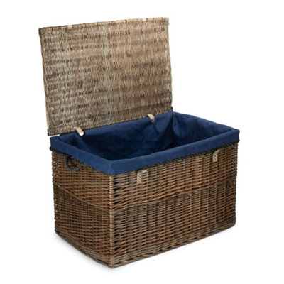 Red Hamper EH090N Wicker Large Antique Wash Storage Basket Navy Cotton Lining