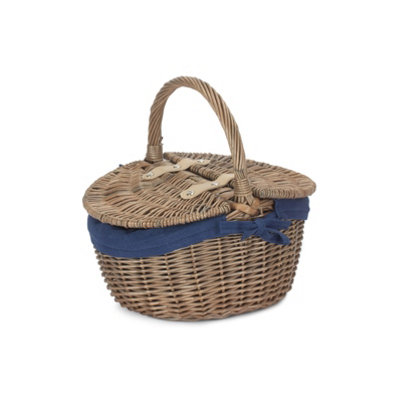 Red Hamper EH091N Wicker Small Antique Wash Finish Oval Picnic Basket with Blue Lining