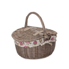 Red Hamper EH091R Wicker Small Antique Wash Double Lidded Oval Picnic Basket Garden Rose Lining
