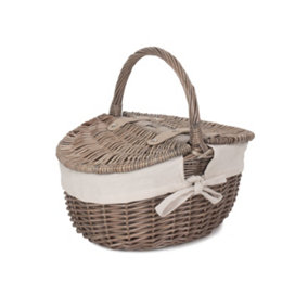 Red Hamper EH091W Wicker Small Antique Wash Double Lidded Oval Picnic Basket with White Lining