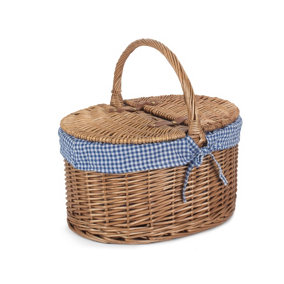 Red Hamper EH093BLUE Wicker Light Steamed Oval Lidded Basket With Blue and White Checked Lining
