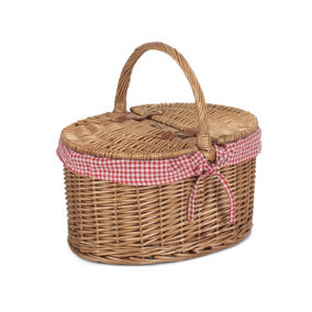 Red Hamper EH093L Wicker Light Steamed Oval Lidded Basket With Red and White Checked Lining