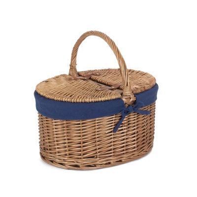 Red Hamper EH093N Wicker Light Steamed Oval Lidded Empty Empty Basket With Navy Blue Lining