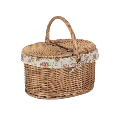 Red Hamper EH093R Wicker Light Steamed Oval Lidded Garden Rose Lined Picnic Basket