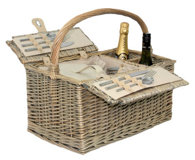 Light Steamed Willow Oval Lidded Picnic Hamper Basket With Green Tweed