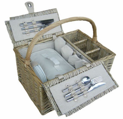 Red Hamper FH023 Wicker Deluxe Retro Double Lidded 4 Person Fitted Picnic Basket