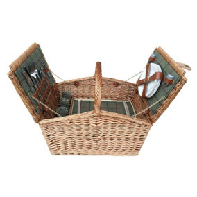 Red Hamper FH071 Wicker 4 Person Green Tweed Double Lidded Fitted Picnic Basket