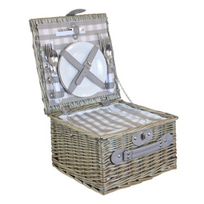 Red Hamper FH086 Wicker 2 Person Grey Checked Picnic Basket with Cooler