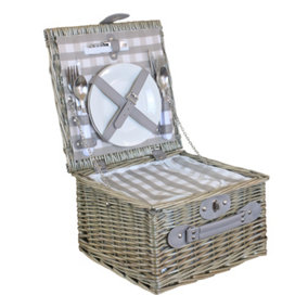 Red Hamper FH086 Wicker 2 Person Grey Checked Picnic Basket with Cooler