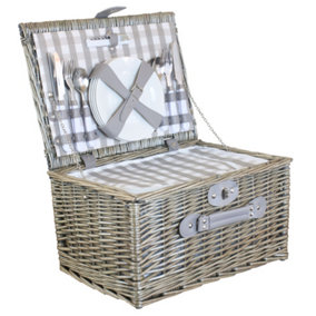 Red Hamper FH087 Wicker 4 Person Grey Checked Picnic Basket with Cooler
